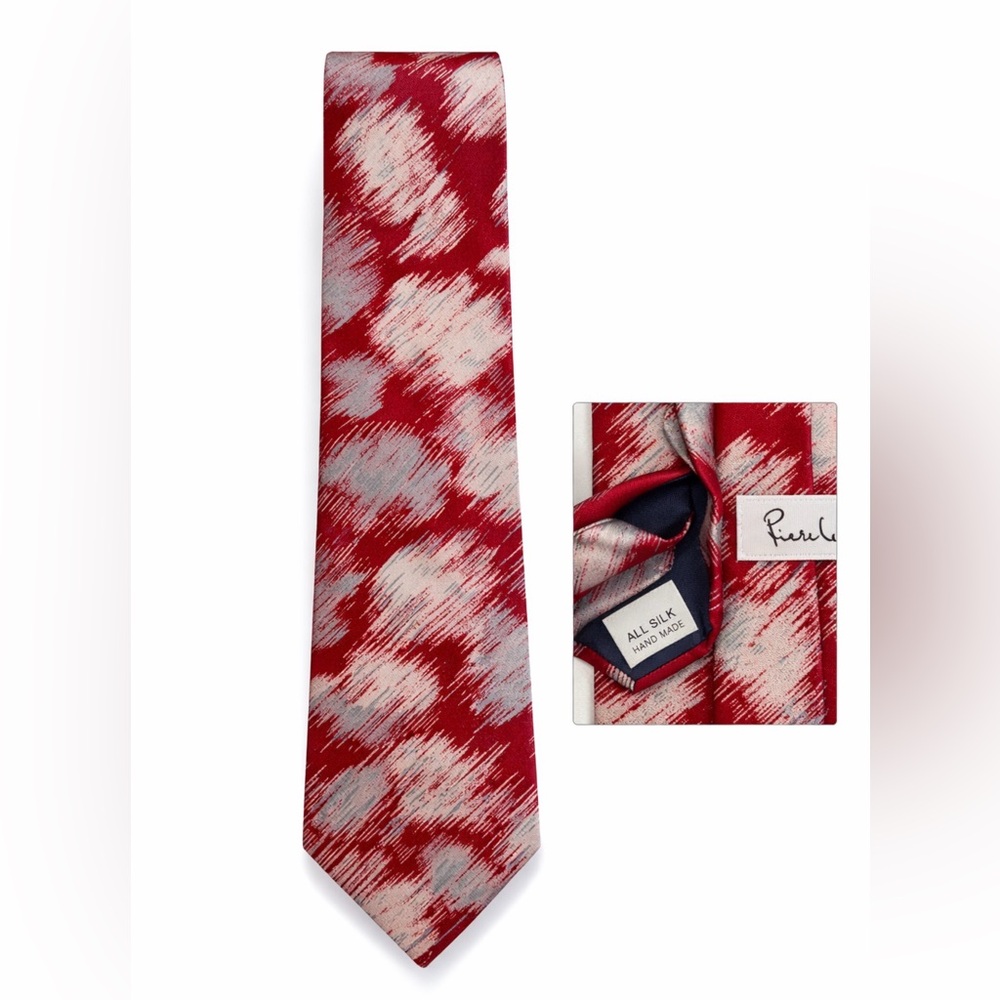 Pierre Cardin Men’s Vintage Silk Abstract Red Gray Necktie 80s 90s Handmade